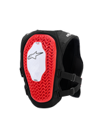 Alpinestars Tech-Air® MX System, gilet airbag moto, vue arrière montrant une large protection dorsale Nucleon PLASMA rouge à structure alvéolaire, panneau central blanc avec logo étoile noir, châssis en maille noire respirante et sangles latérales réglables