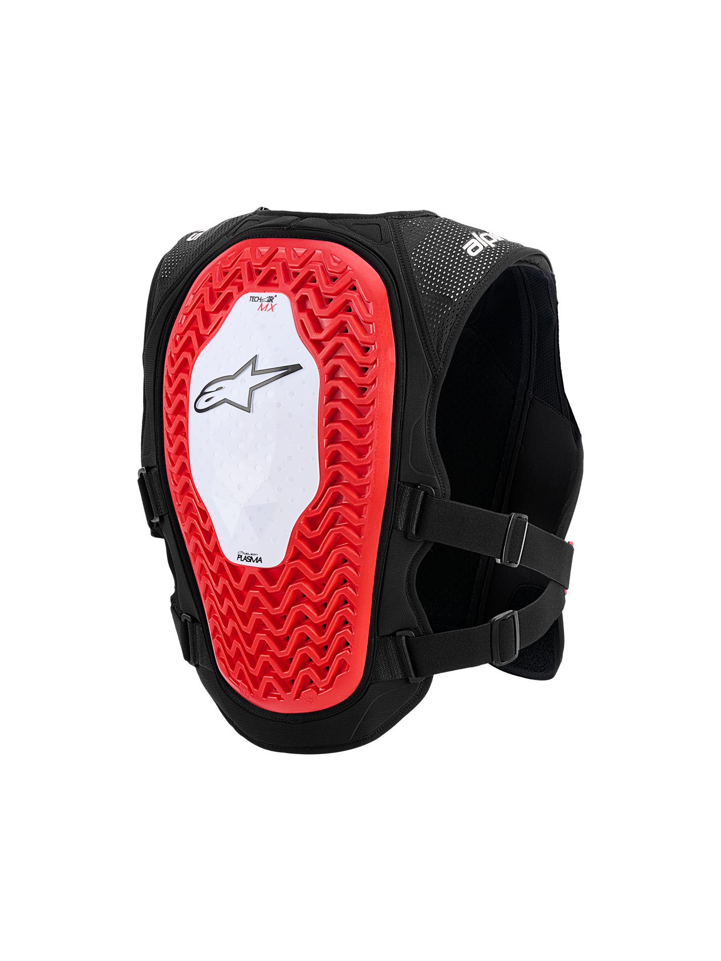 Alpinestars Tech-Air® MX System, gilet airbag moto, vue arrière montrant une large protection dorsale Nucleon PLASMA rouge à structure alvéolaire, panneau central blanc avec logo étoile noir, châssis en maille noire respirante et sangles latérales réglables