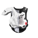 Système Alpinestars Tech-Air® MX, airbag tout-terrain autonome, vue en coupe mettant en évidence la vessie gonflable interne blanche et le gilet de protection, châssis noir et blanc avec accents rouges, protection des épaules et de la poitrine