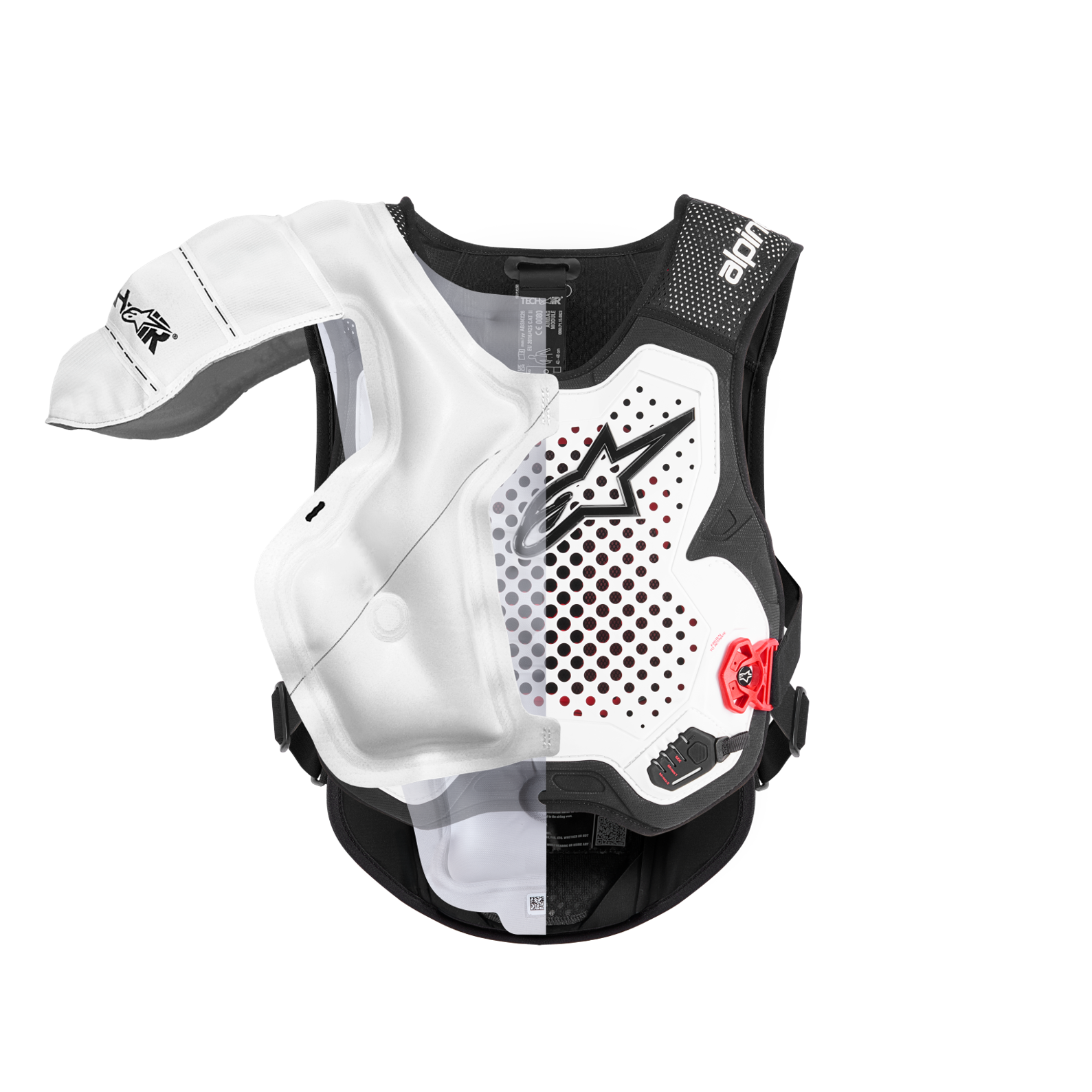 Système Alpinestars Tech-Air® MX, airbag tout-terrain autonome, vue en coupe mettant en évidence la vessie gonflable interne blanche et le gilet de protection, châssis noir et blanc avec accents rouges, protection des épaules et de la poitrine