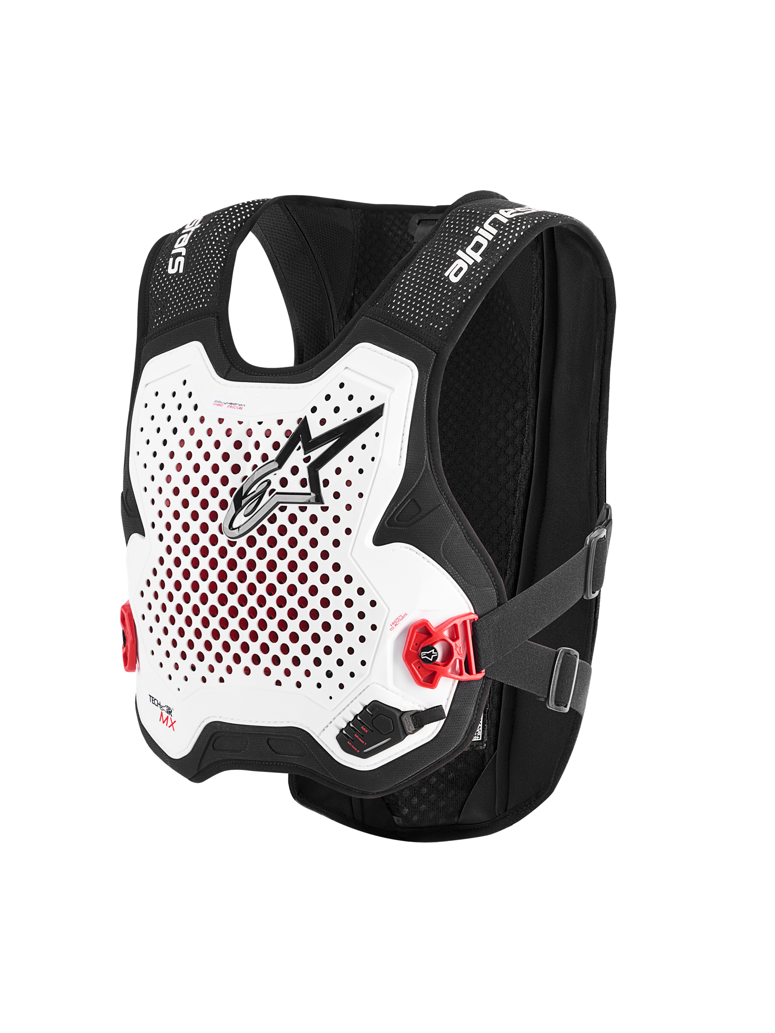 Alpinestars Tech-Air® MX System, gilet airbag tout-terrain autonome, blanc et noir, plaque de poitrine blanche perforée avec logo noir, boucles latérales rouges, châssis en maille extensible noire, protection avancée pour le motocross et le supercross