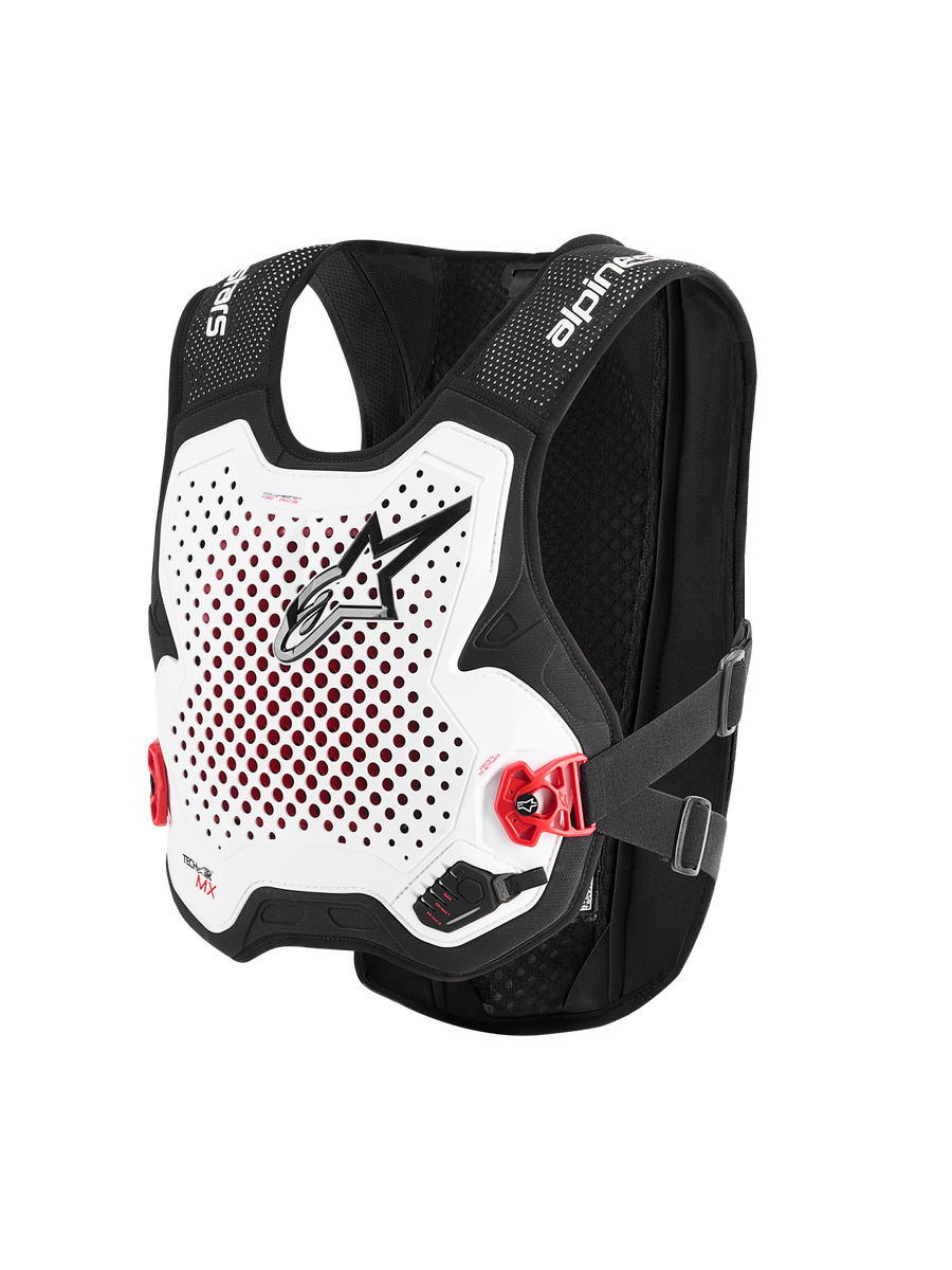 Alpinestars Tech-Air® MX System, gilet airbag tout-terrain autonome, blanc et noir, plaque de poitrine blanche perforée avec logo noir, boucles latérales rouges, châssis en maille extensible noire, protection avancée pour le motocross et le supercross